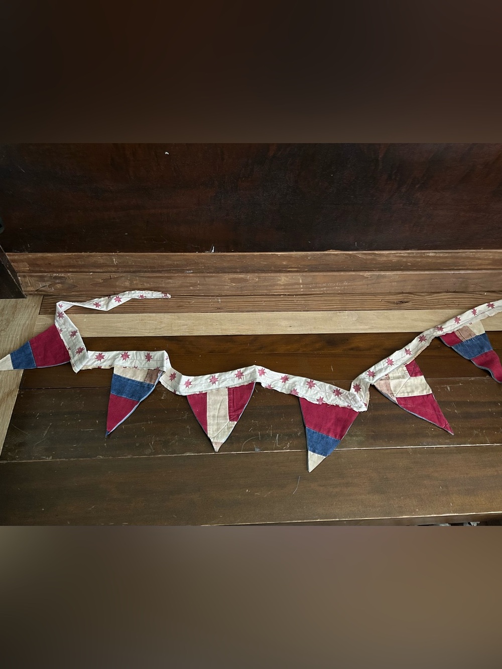 Hand Crafted Red, Blue & Cream Striped Star Accent Pennant Quilt Garland #5